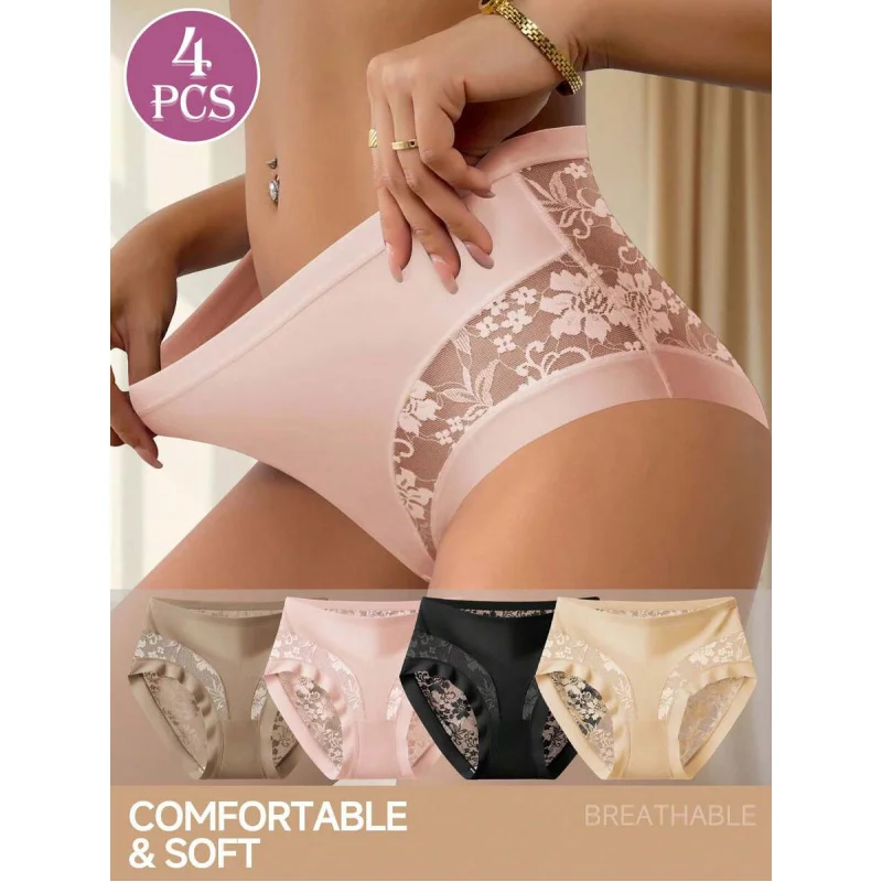 

4 шт./компл. женских трусиков, сексуальные женские кружевные трусы с высокой талией, изготовленные из мягкой дышащей ткани с эластичностью