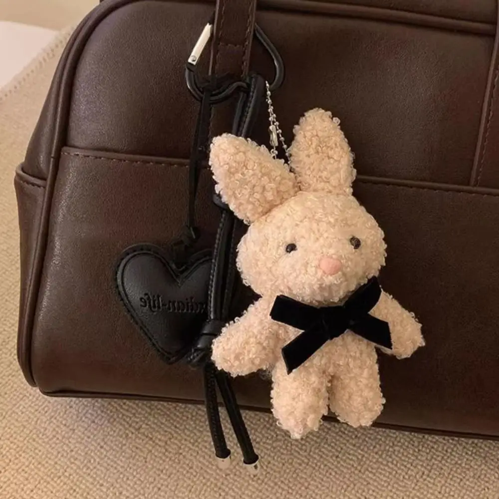 Fluffy Plush Rabbit Keychain Cartoon Soft Plush Rabbit Doll Pendant Kawaii Cute Leather Heart Keyring Couple Girl Kids Gift