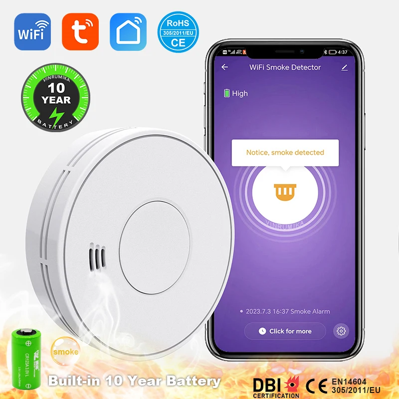 Умный дымовой извещатель Tuya с Wi-Fi и встроенной батареей на 10 лет для дома, детской, гостиной, кухни, магазина, пожарная сигнализация, датчик дыма