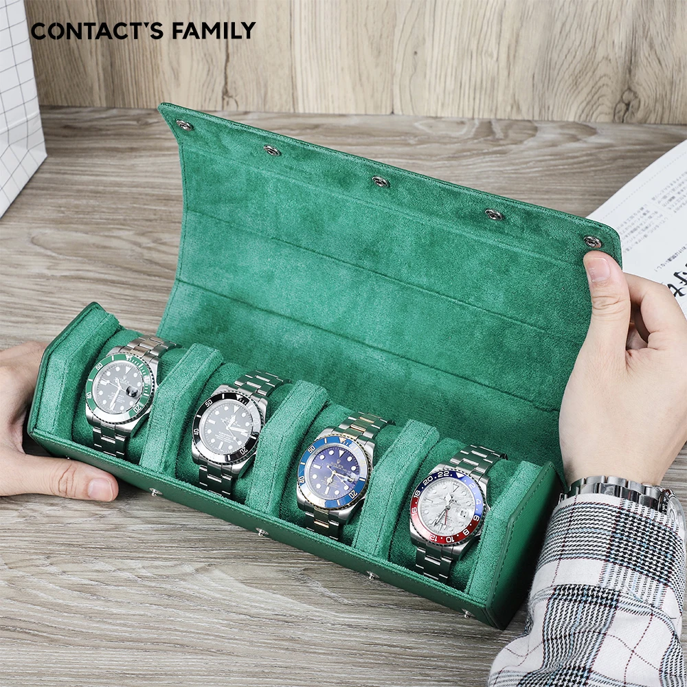 

Watch Traval Case Box Organizer 4 Slots Genuine Leather Portable Zipper Watch Case Bracelet Green Display Box