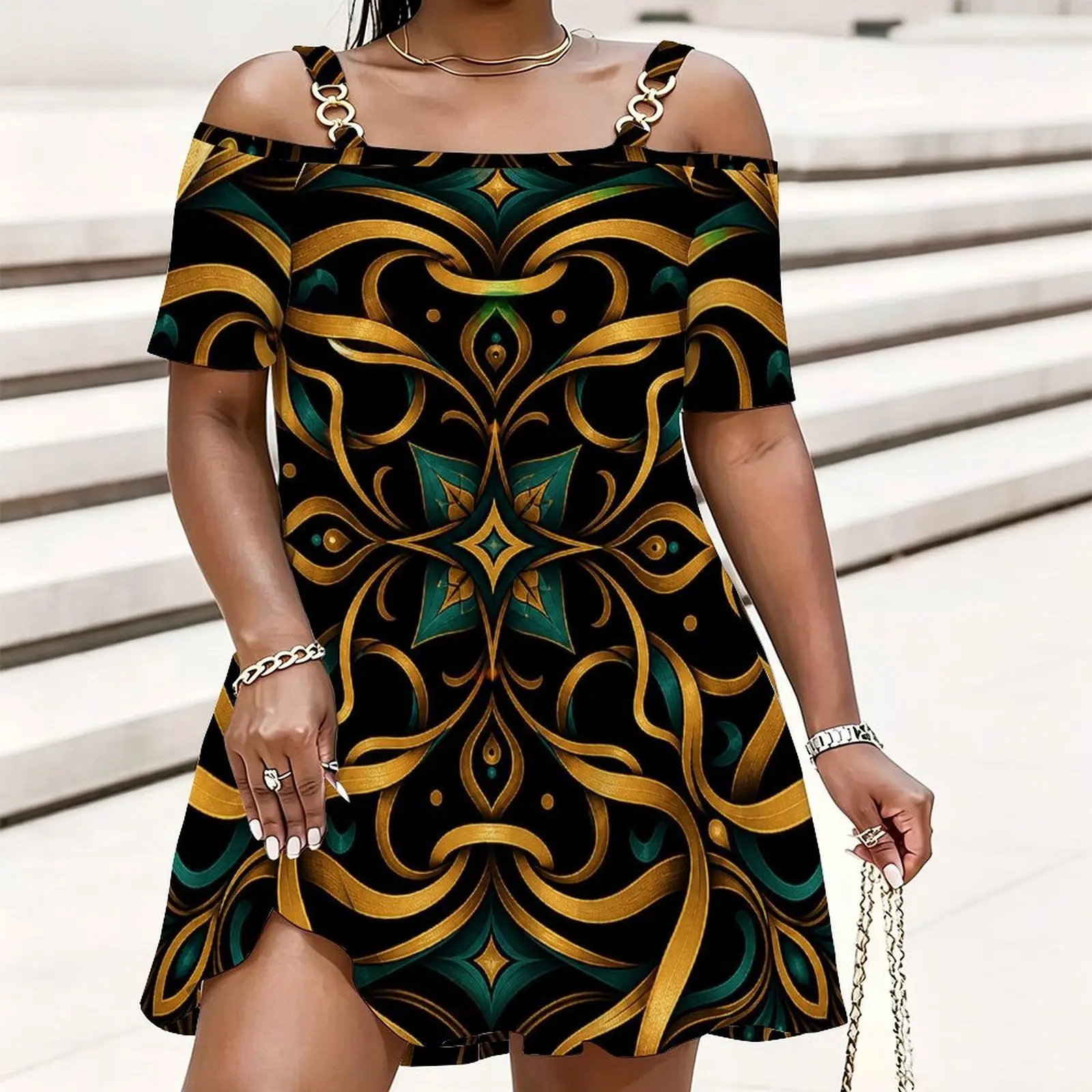 Women Black Gold Teal Ornate Symmetrical Swirl Printed Cold Shoulder Chain Strap Short Sleeve Loose Top