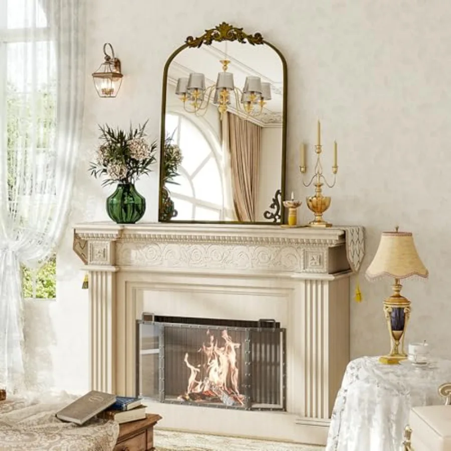

24x36 Arched Mirror, Gold Traditional Vintage Ornate Baroque Wall Mirror for Bathroom, Bedroom, Hallway, or Fireplace Decor