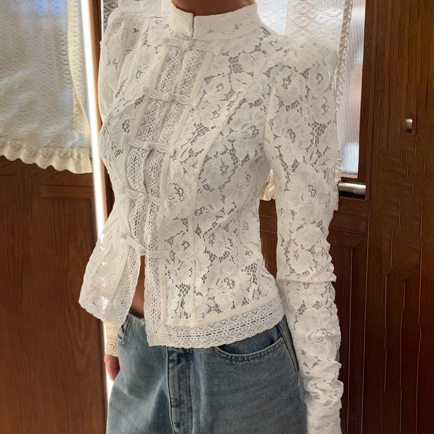 Linad Elegantเย็บปักถักร้อยพัฟแขนเสื้อสีขาวฤดูร้อนเซ็กซี่Hollow Outเสื้อลูกไม้ลําลองทรายคอTop 2025 เสื้อวินเทจ