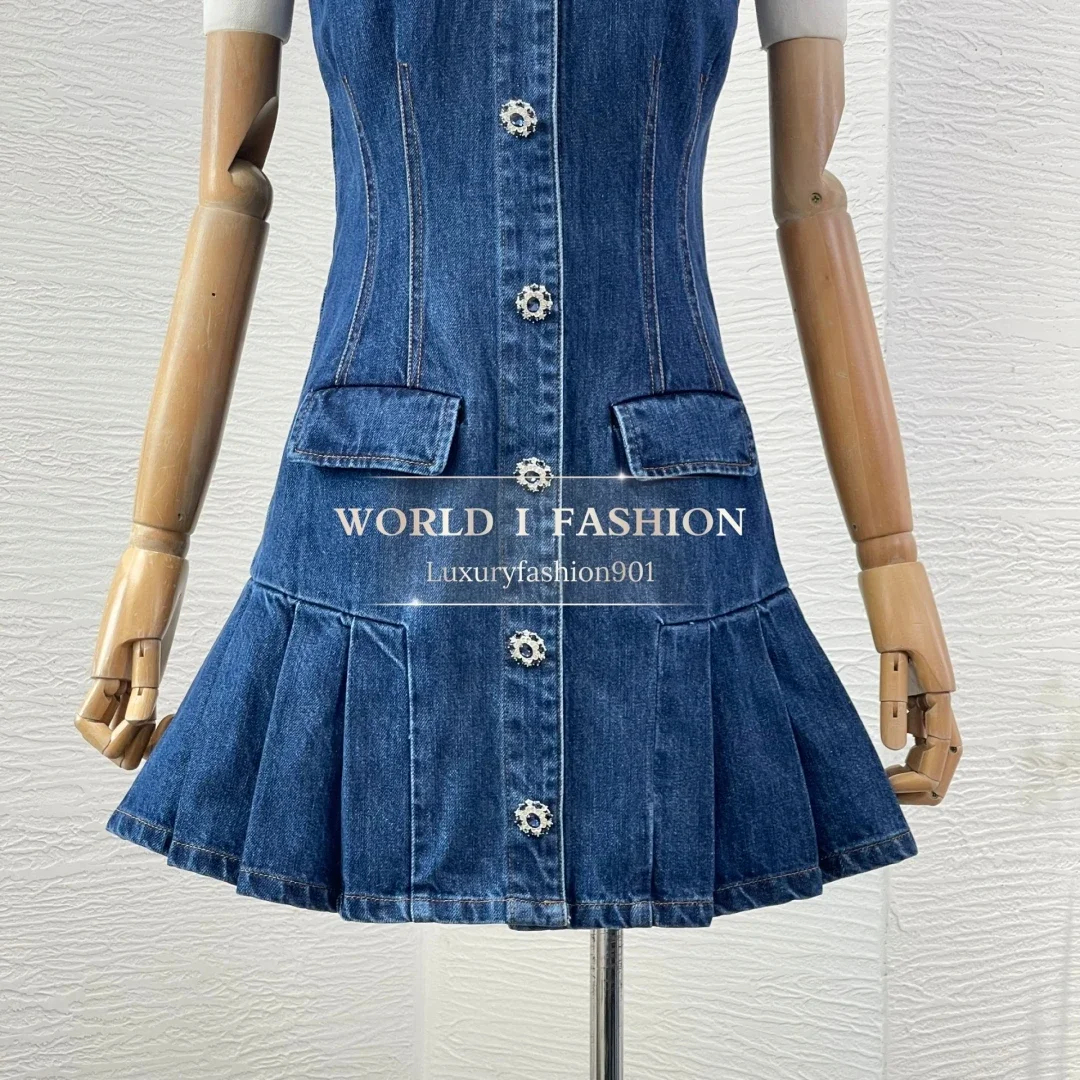 2025 New Beautiful Blue Jeans Denim Sleeveless Diamonds Pleat Hem Mini Dress