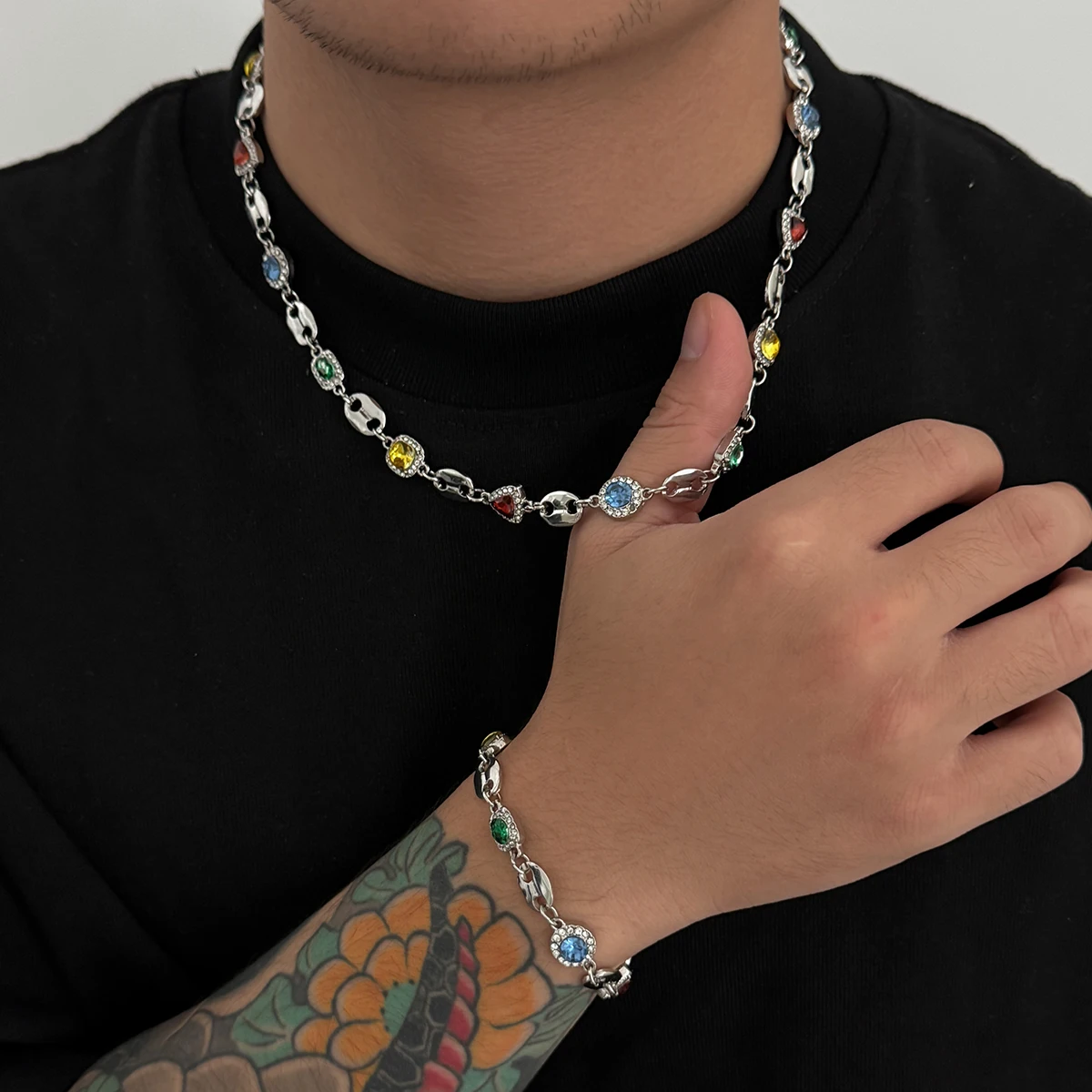 

SHIXIN Hip Hop Colorful Rhinestone Choker Necklace Bracelet Jewelry Set Men Punk Short Clavicle Chain Bangle Fashion Accessories