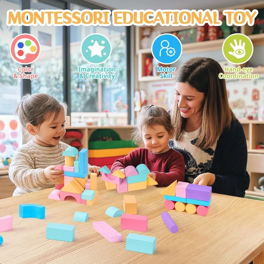 VigorFun 110 PCS 나무 빌딩 블록 세트 건설 스태킹 장난감 보관 가방 Montori 유치원 장난감 유아 Birt