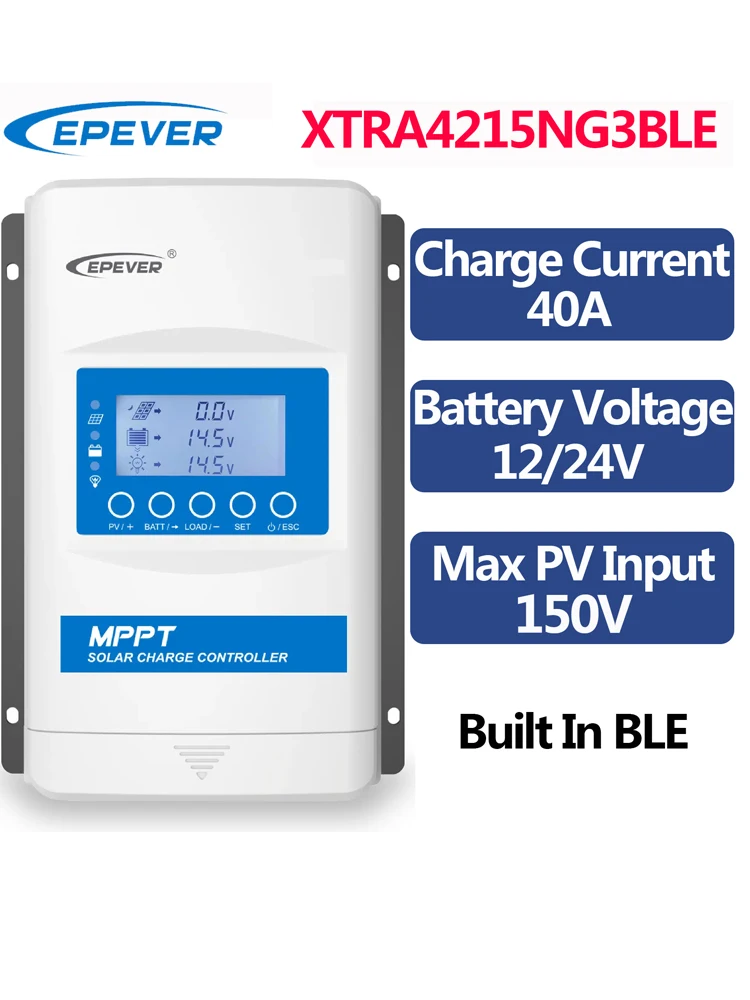 

EPEVER XTRA4215NG3 BLE 40A MPPT Solar Charge Controller Battery Voltage 12 24V Max PV Input 150V