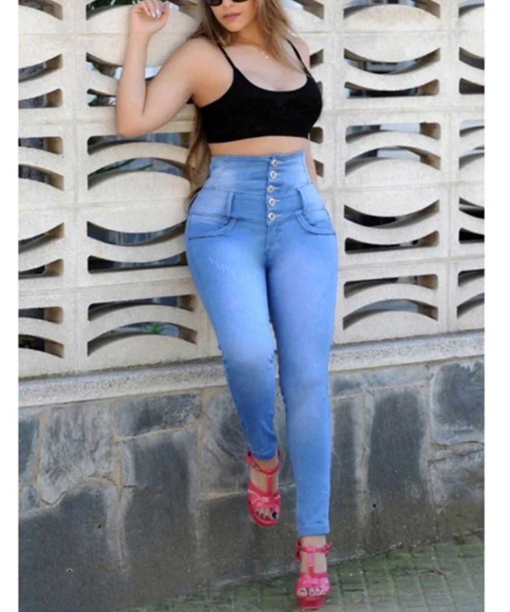 Jeans lavati Pantaloni a matita in denim da donna Tasche vintage Bottoni Pantaloni a vita alta alla caviglia Streetwear 2025 Denim femminili