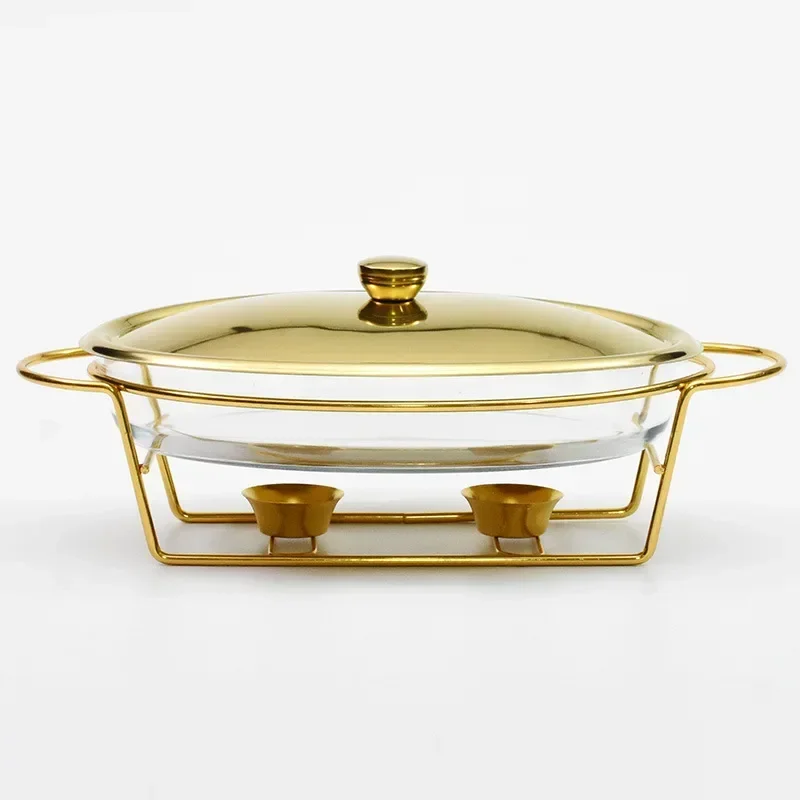 

3L Food Warmer Hotel Buffet Golden Silver Oval Wedding Chafing Dish Stainless Steel Glass Serving Dish Hot Pot Alcohol Stove