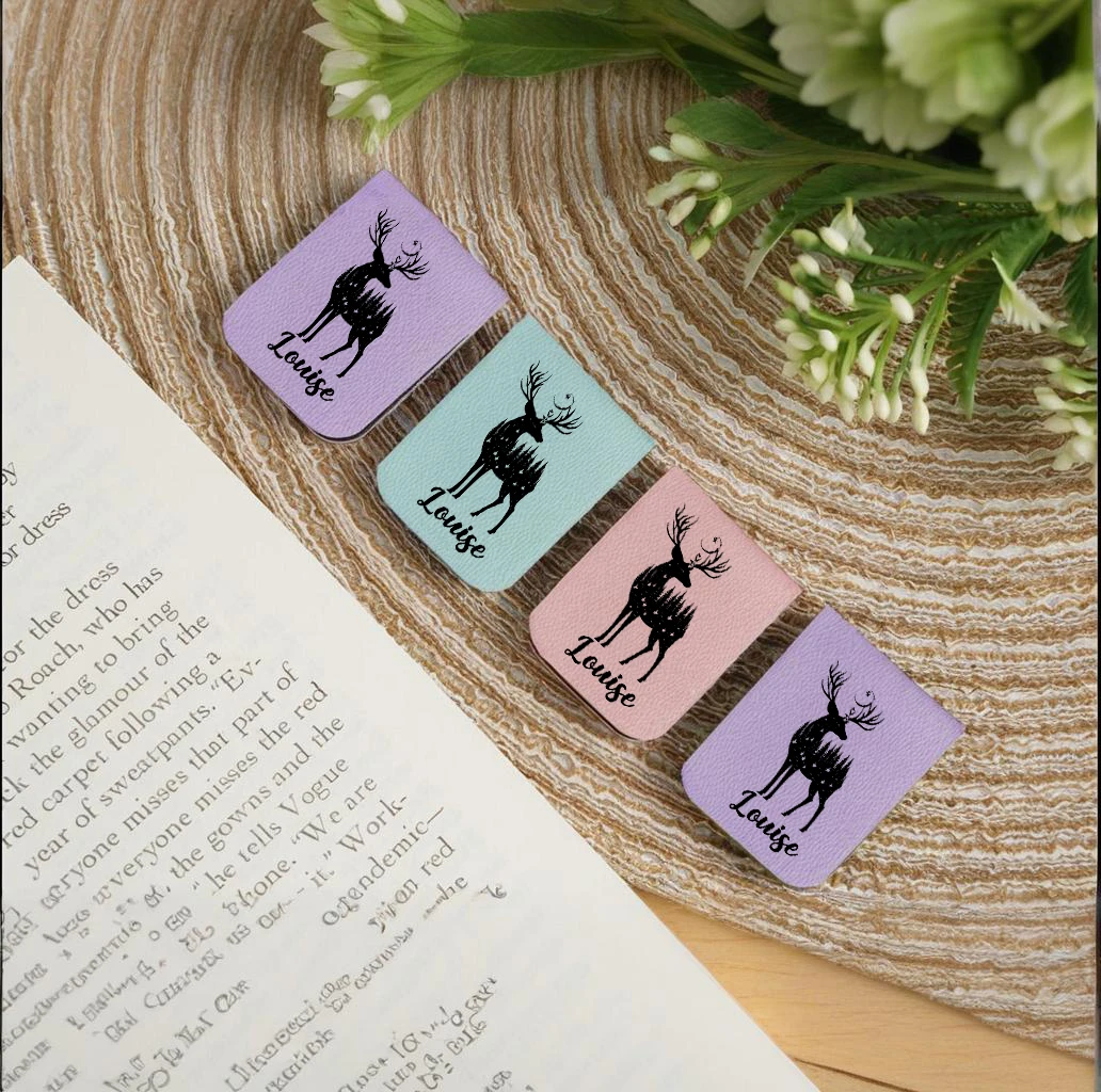 Marcapáginas con nombre con ciervo sika, marcapáginas de ciervo sika de cuero personalizado, marcapáginas magnético personalizado, regalo de cumpleaños para amantes de los libros, 1 ud.