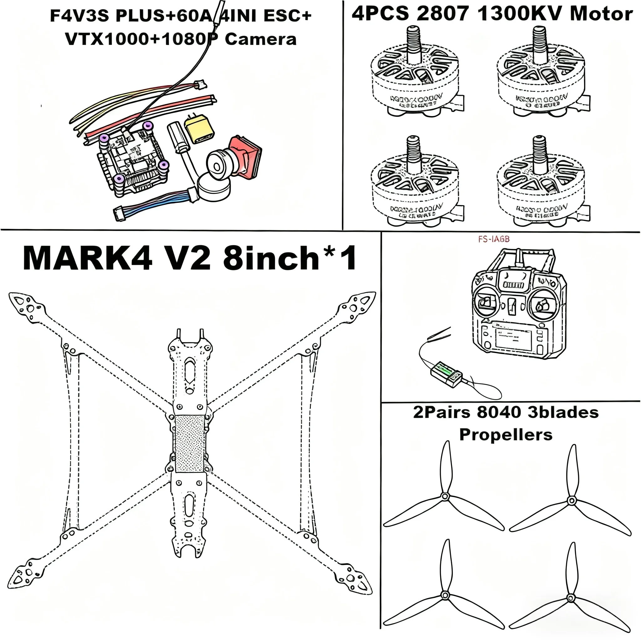 

MARK4 V2 8-дюймовый F4V3S/F4V3S PLUS Управление полетом 45/60A 4INI ESC стоечный дрон FPV из углеродного волокна PV Racing Drone Квадрокоптер Фристайл