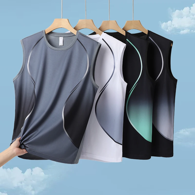 Summer Trend Gradient Ice Silk Sports Vest Casual Breathable round Neck Sleeveless Thin Top Comfortable Fitness Tank Top