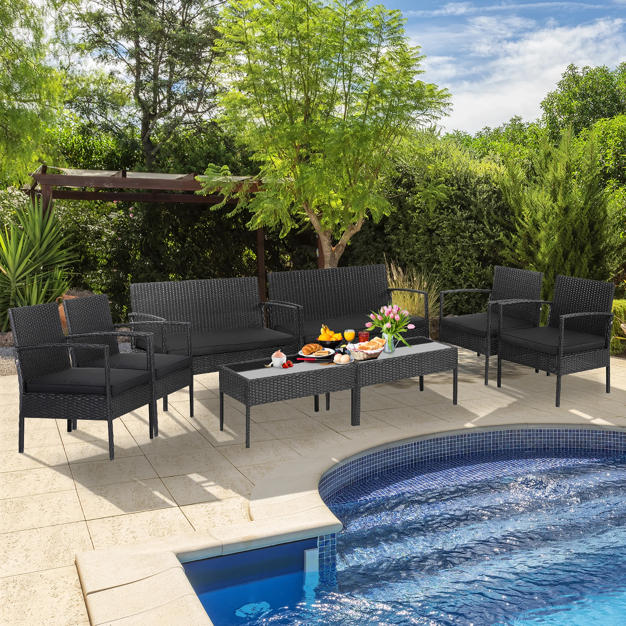 

8 PCS Patio Rattan Furniture Set Cushioned Sofa Armrest Garden Black