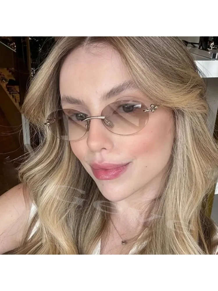 Modische Ovale Randlose Sonnenbrille für Damen Beliebte Runde Rahmenlose Sonnenbrillen Retro Hochwertige Unisex Stilvolle Eyewear