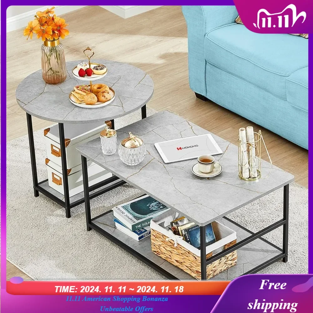 Coffee Table, Modern Style Coffee Tables for Living Room Marble Center Table with Storage 2 in 1Detachable Table Set,Grey Marble