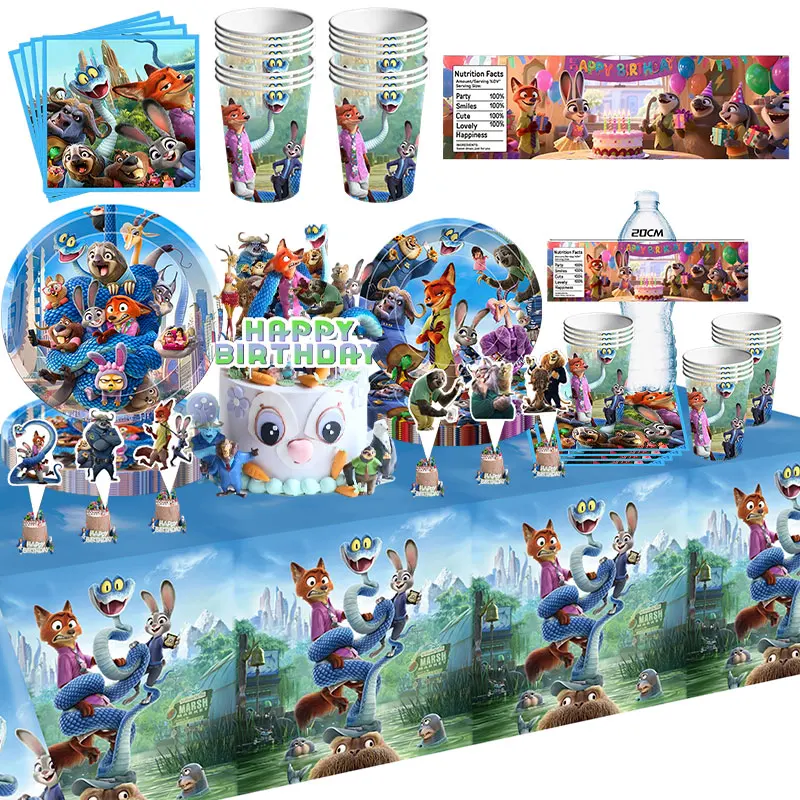 Zootopia décorations de fête d'anniversaire ensemble de vaisselle tasses assiettes serviette officier lapin et Nick Fox numéro ballon sacs cadeaux bannière