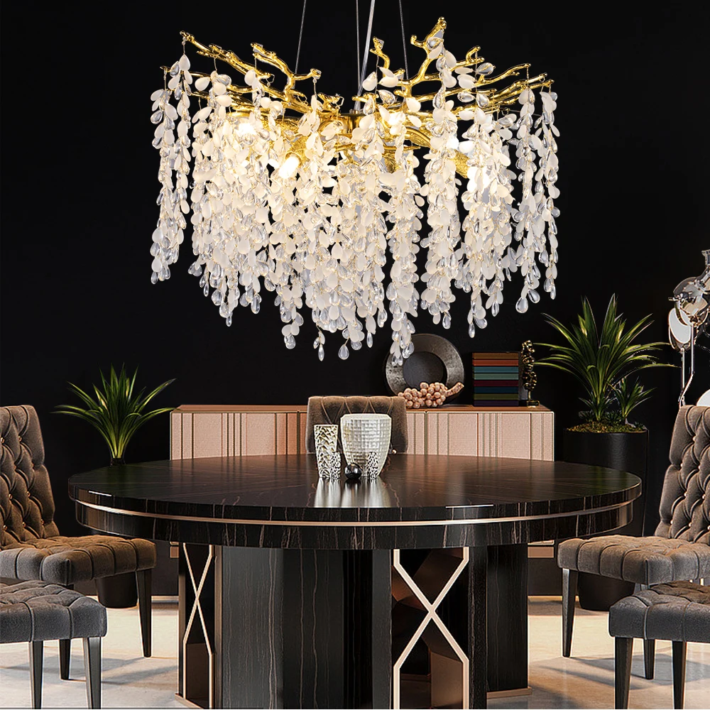 Round Crystal Branch Chandelier Gold  For Living Dining Room Bedroom Foyer Nordic Lustre Grape Bunch Crystal Ceiling Chandelier