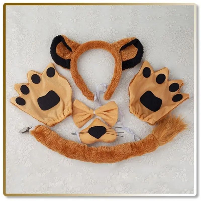 39BD Trẻ Lion Trang phục Phụ kiện Lion Ear Headband Tail Mũi Bowtie Găng tay cho cô gái Giáng sinh Halloween Party