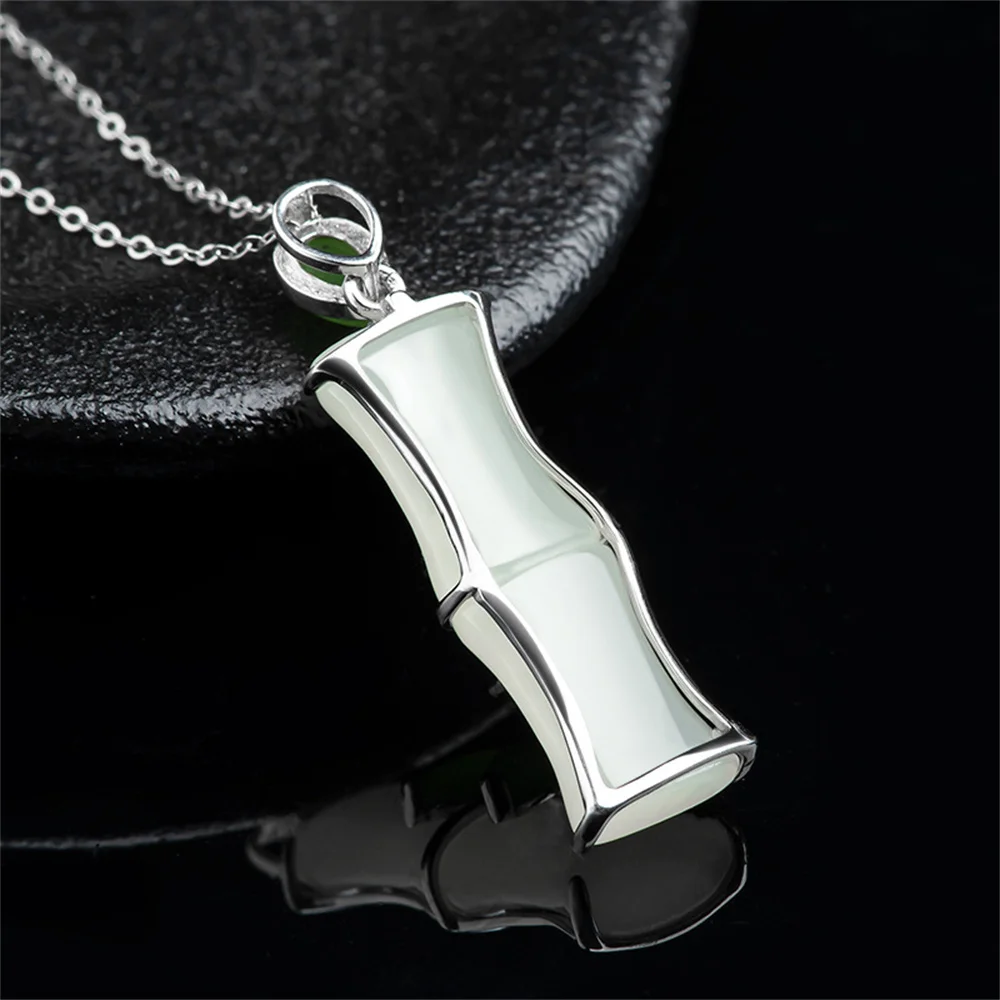 925 Silver Natural White Green HeTian Jade Carved Bamboo Design Pendant Amulet Chain Necklace Certificate Luxury Jade Jewelry