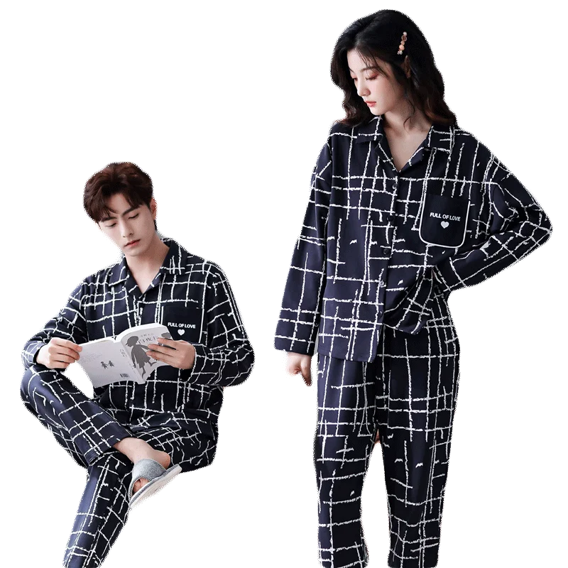 Spring and Autumn Couple Pajamas Set 100% Cotton Turn-down Collar Long Sleeve Sleepwear Lovers Casual Homewear