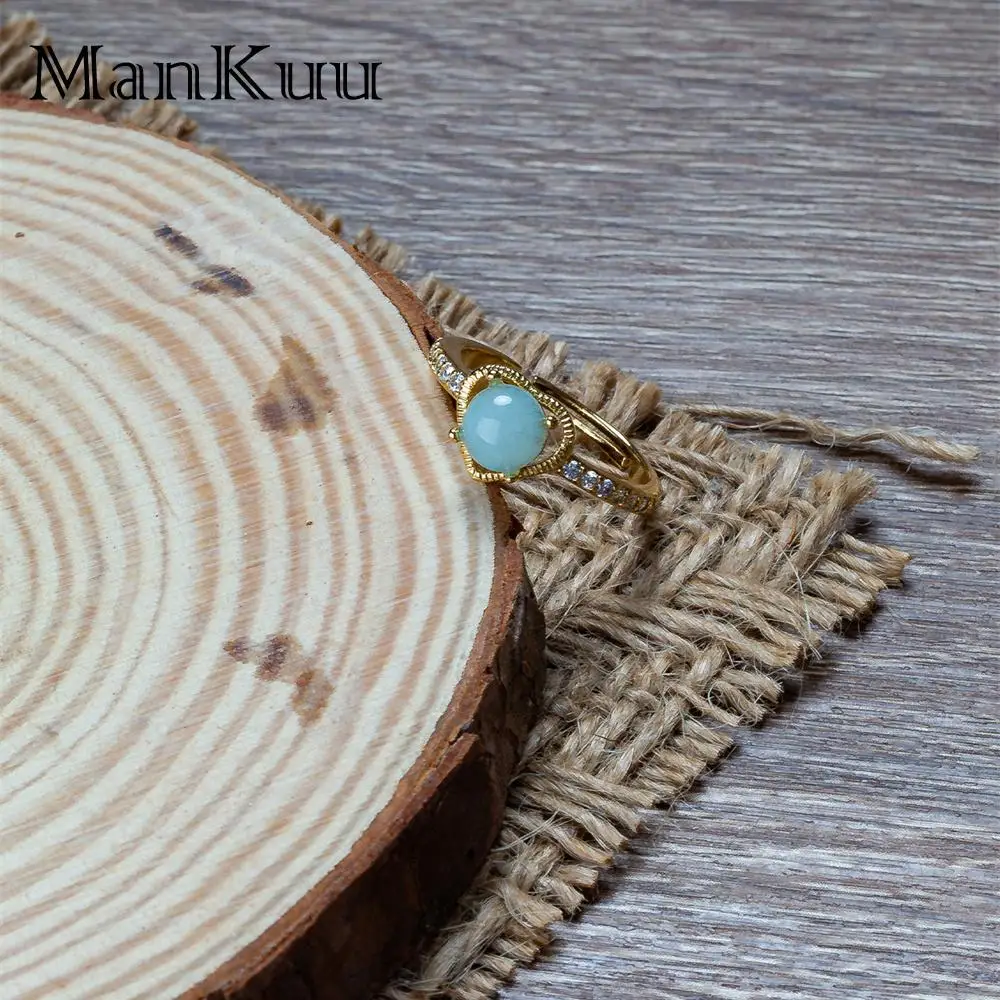 

Mankuu Elegant 6mm Round Natural Amazonite Gemstone Adjustable Rings Gold Plated Jewelry Women Gifts Wedding Party