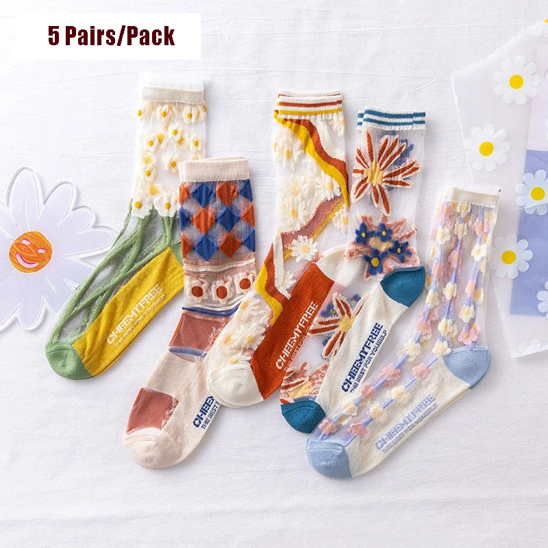 5 Pairs/Pack Women's Mid-Calf Lace Trim Cotton Mesh Breathable Thin Glass Silk Crystal Little Flower Vine Socks Dropship