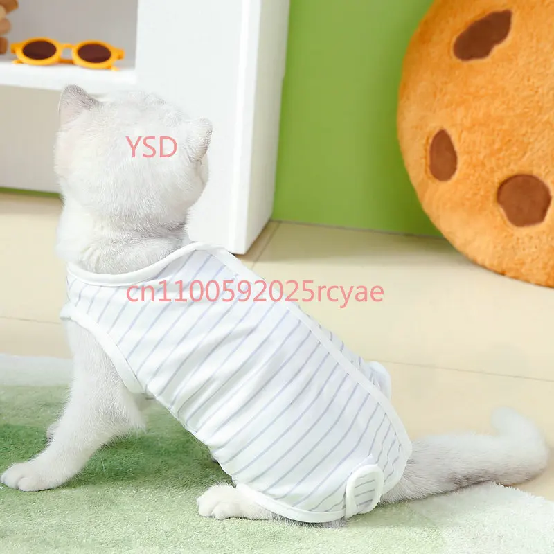 

Spring Summer Cat Postoperative Recovery Clothing Anti-Licking Striped Four-Leg Home Wear