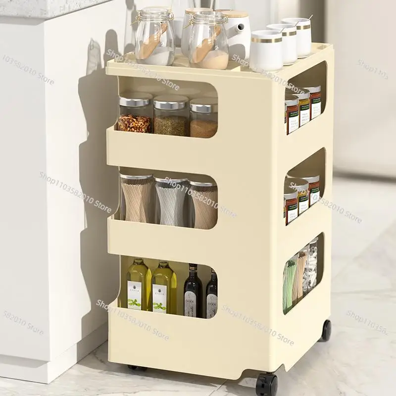 Storage Cabinet Living Room Bedroom Multifunctional Rotatable Cream Wind Bedside Cabinet Trolley Snacks Cosmetic Shelves