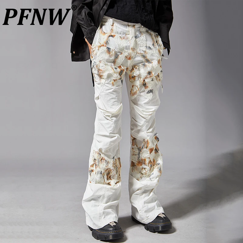 PFNW  Vintage Trend Niche Deconstructed Lace Splicing Design Pleated High End Washed Loose Wide Leg White Straight Pants 12C1536