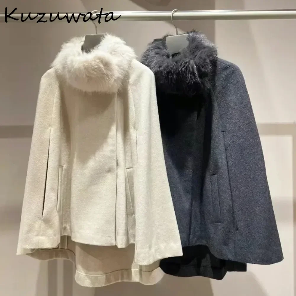 Kuzuwata Vintage Stand Collar Long Sleeve Wool Coat Fluffy Collar Mid-length Harajuku Jacket Japan New Cloak Shawl Warm Outwears