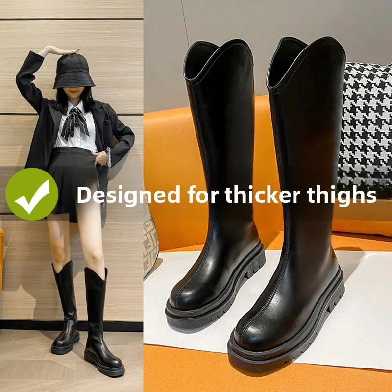 

Women's Mid-Calf Fleece-Lined Boots High-Top Waterproof Platform PU Leather round Toe Inner Ultrafine Fiber Rubber Sole