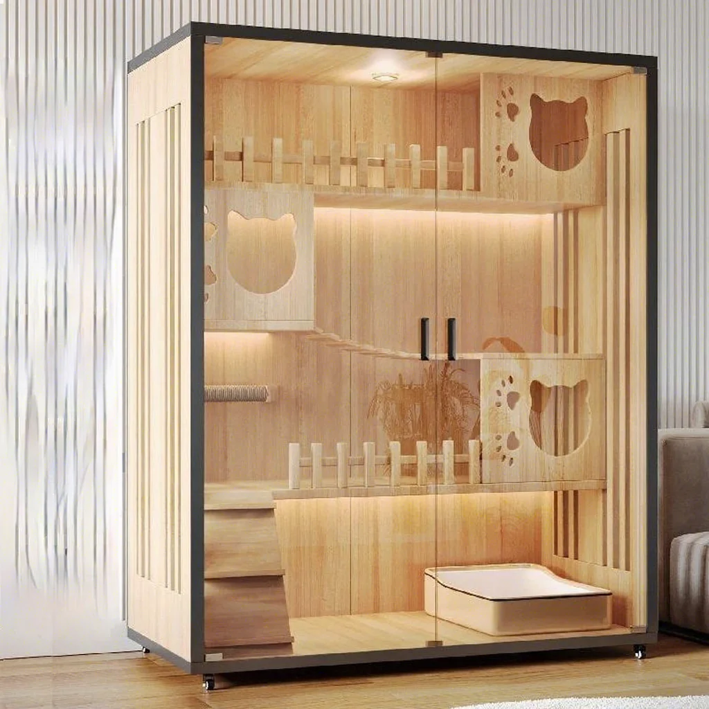 Wholesale Solid Wood Cat Villa Large Interactive Cat Enclosure With Tempered Glass Door