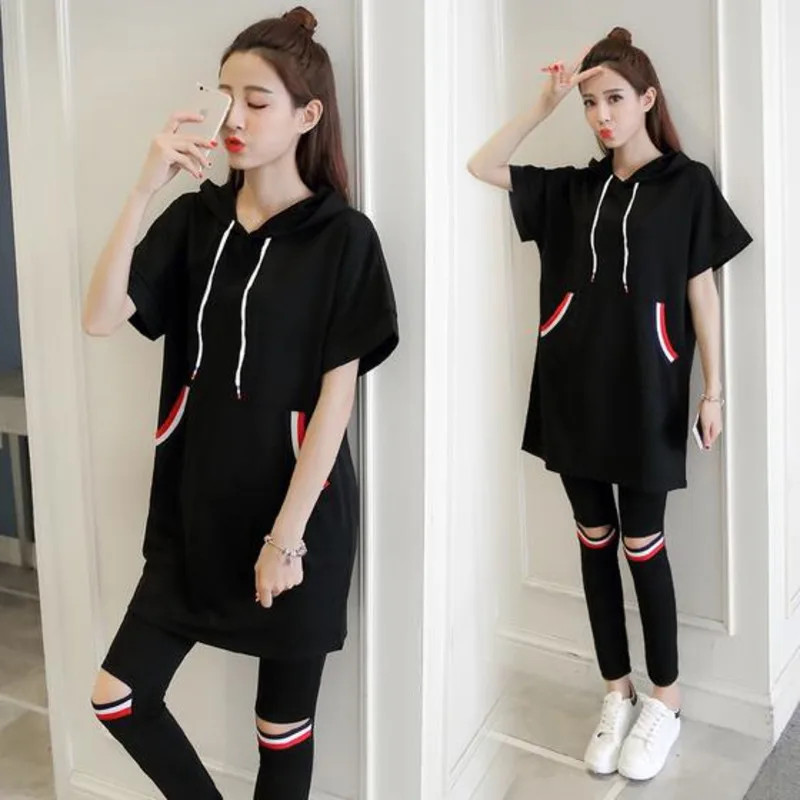 Women's Suit Korean Style Summer New 5XL Plus Size Clothing Short Sleeve T-shirt X-Long Hooded Tops And Pencil Pants 2 Piece Set