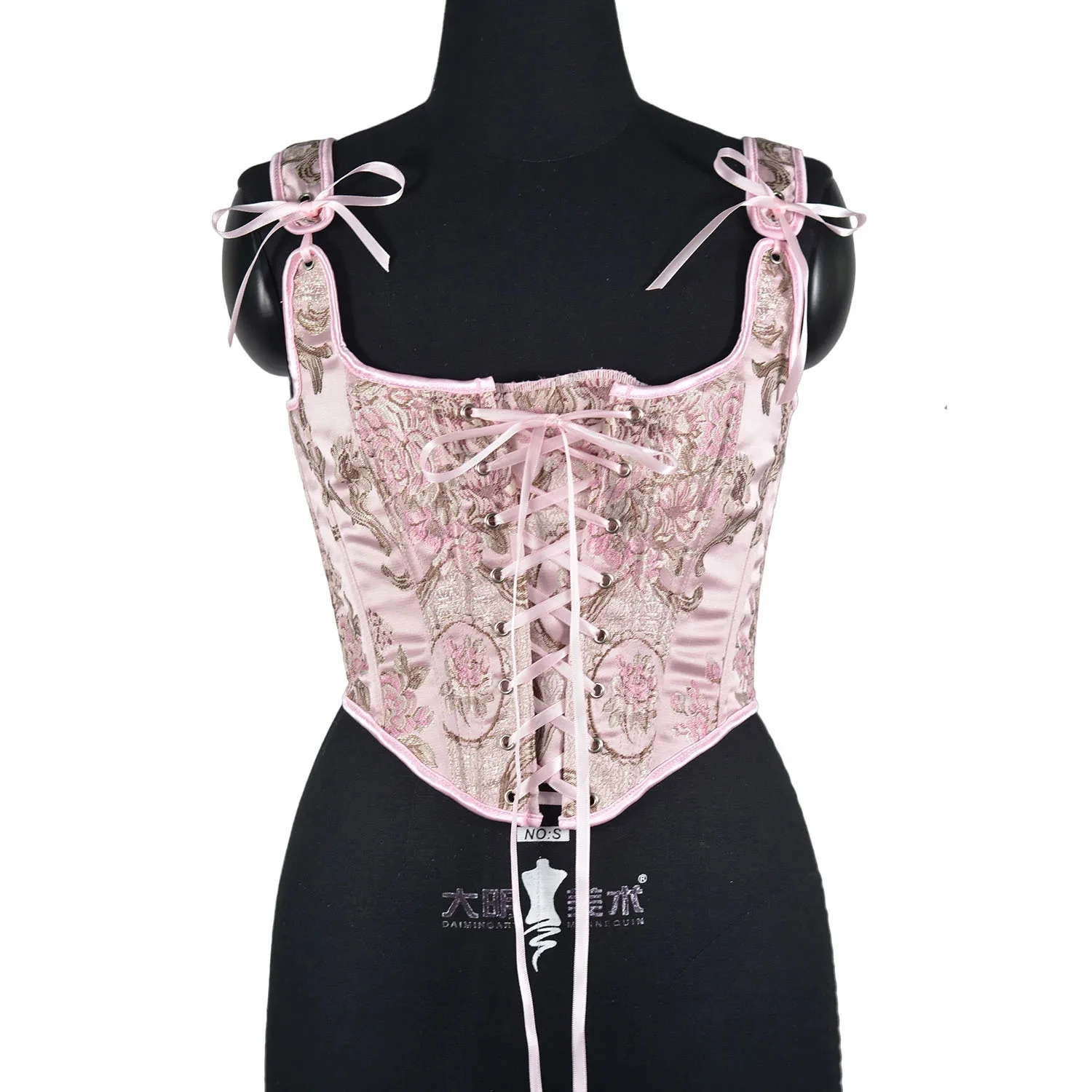 Women Pink Floral Print Vintage Overbust Bustier LaceN up Boned Fitted Party Tops