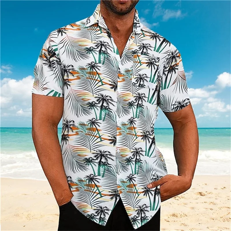 Camisa con estampado de plantas transpirable de verano para hombre, cómoda camisa hawaiana de manga corta junto al mar, camisa con solapa estampada a la moda para hombre