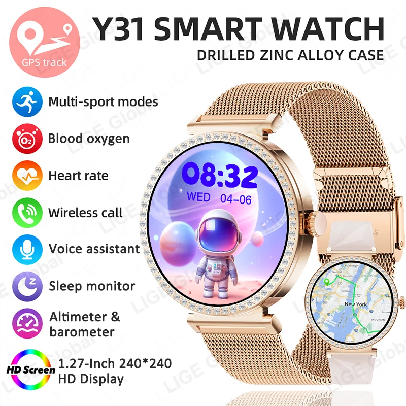 

LIGE New Luxury Diamond Smart Watch GPS Women Bluetooth Call Smartwatch Heart Rate Health Monitor Waterproof Bracelet Lady Gift
