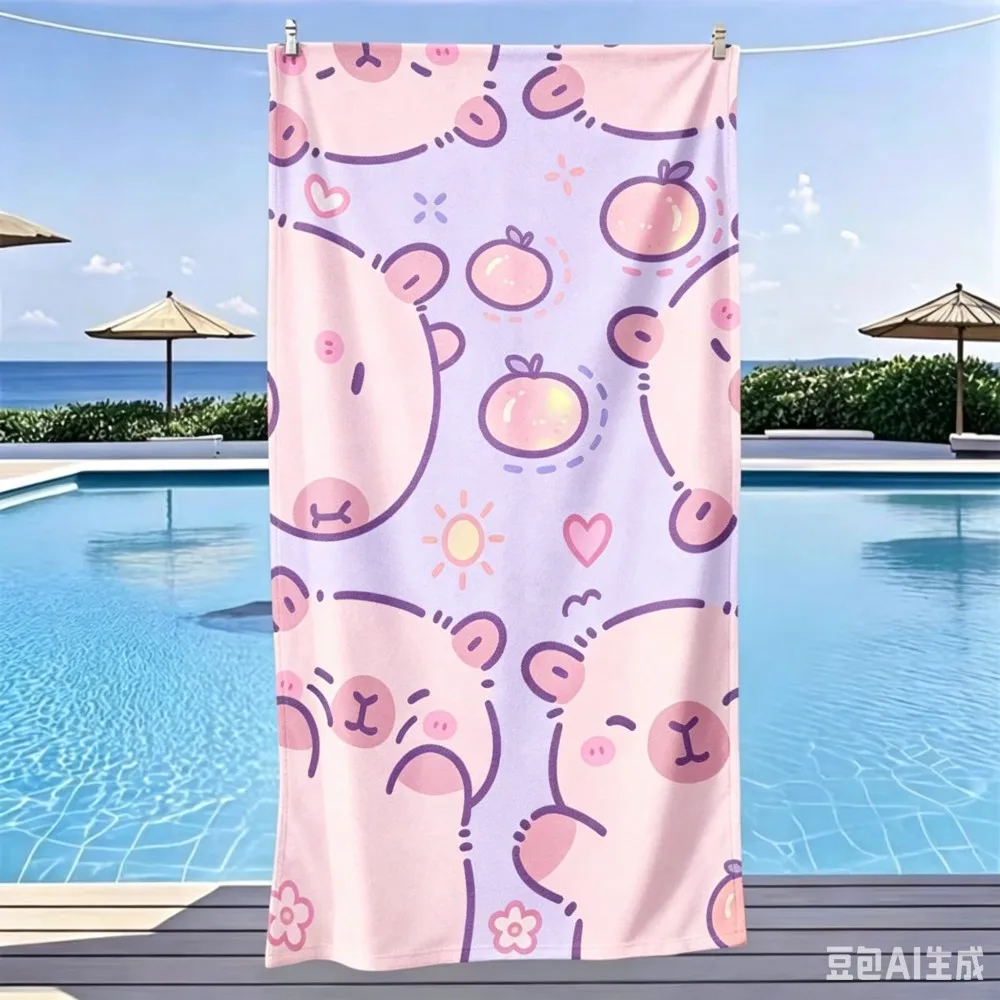 Kawaii Cartoon Capybara Bath Towel with Heart and Flower Pattern Lightweight Absorbent for Summer