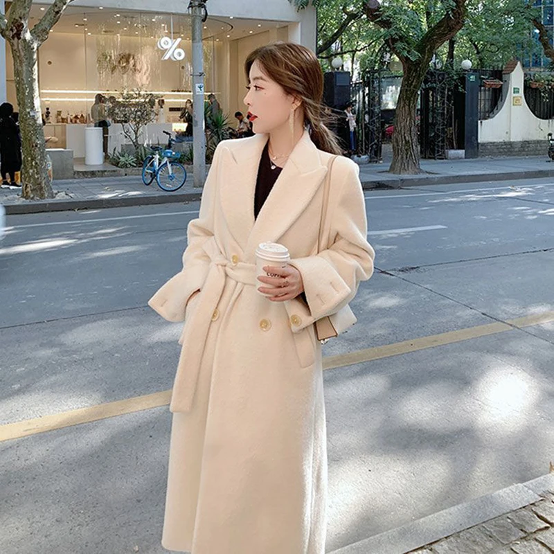 

Autumn Winter New Wool Trenchcoat Women Overcoat Tight Waist Medium Long Loose Chic Belt Double-Breasted Wool Windbreaker Jacket