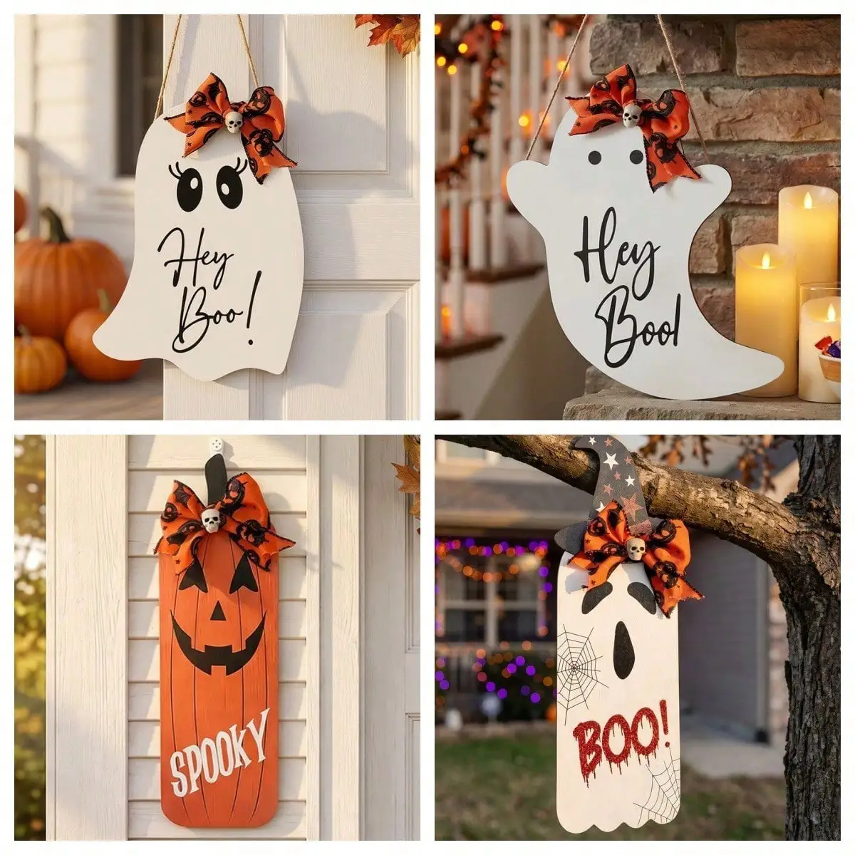 Halloween Wooden Hanging Sign Cute Ghost Jack O Lantern Pumpkin Door Hanger With Bow Spooky Boo Wall Decor Outdoor Porch Home Ornament