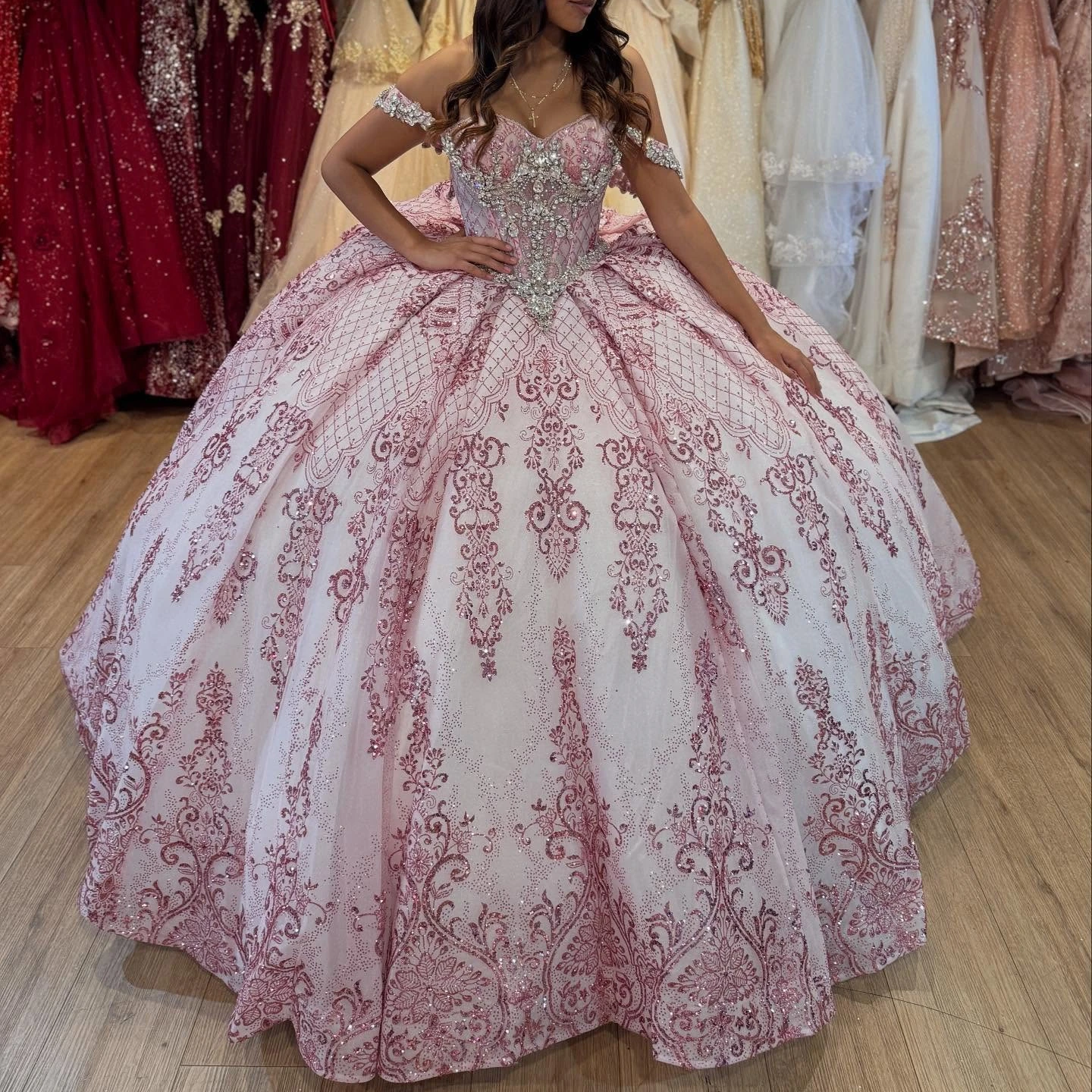 Pink Quinceanera Dress Bow Detachable Off-Shoulder Glitter Quince Ballgown Corset Sweet 15/16 Birthday Party Gown customize
