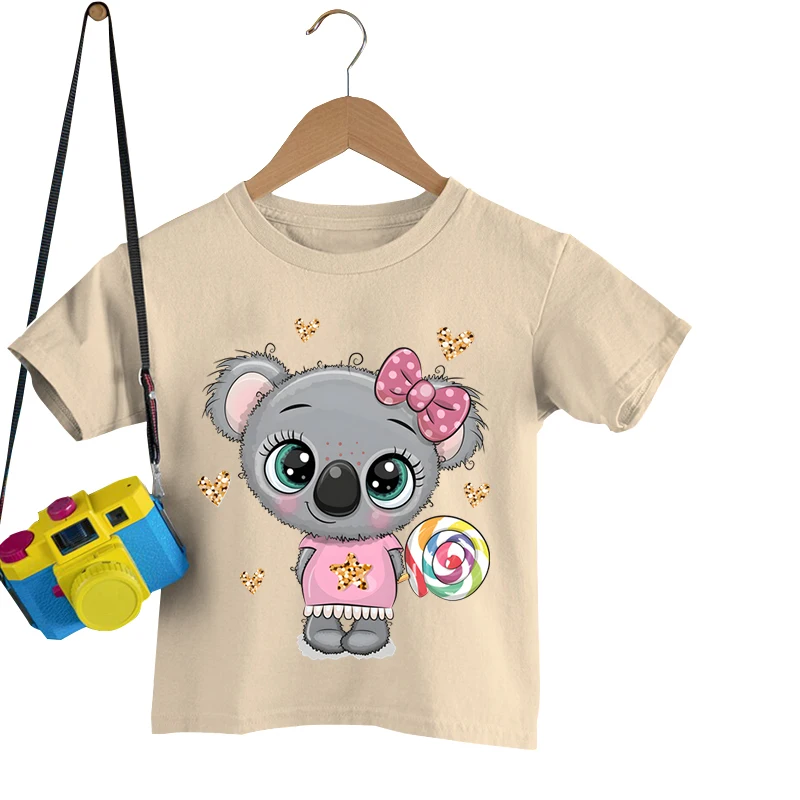 Cute Koala Print T-shirt Children Boys Girls Summer Lovely Short Sleeve Casual Cartoon T-shirt Funny Koala Print Round Neck Tops