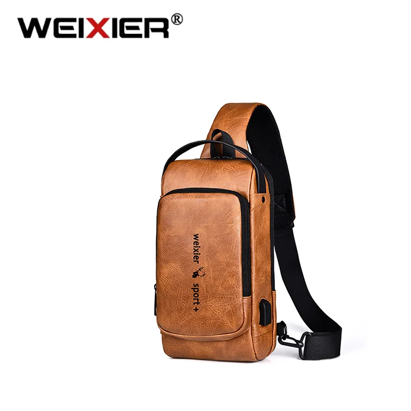 WEIXIER New Men Retro Casual Anti Theft Lock Large capacity brand PU leather Crossbody Bag Casual Shoulder Chest Man Waist Bags