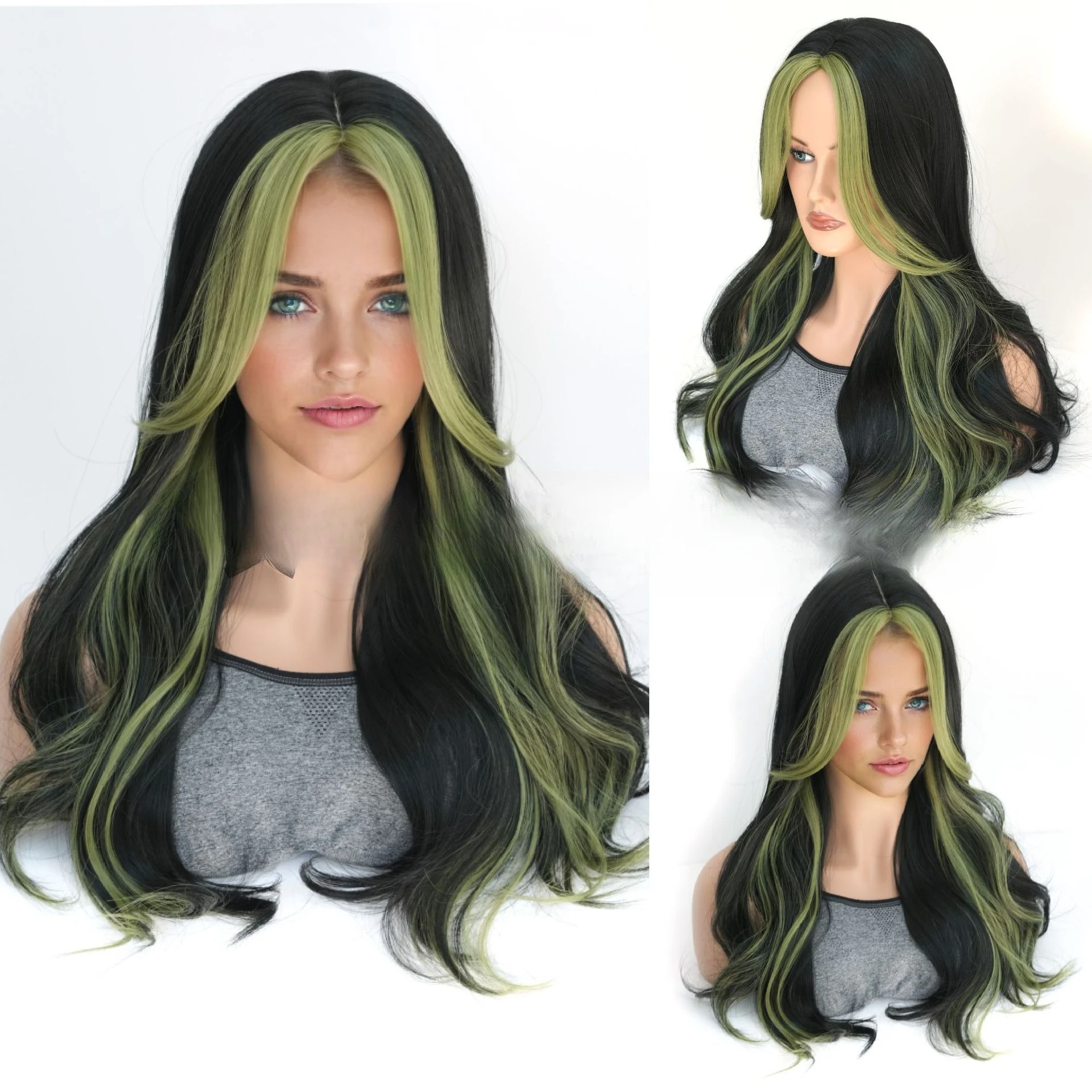 

Hot-selling wig women's eight-character bangs, highlights, green, black, long curly hair, big wave wig, natural headgear.