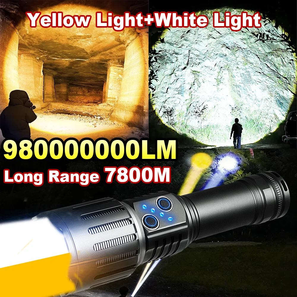 

2026 НОВЫЙ ультра яркий светодиодный фонарик 98000000LM сильный белый + желтый свет тактический фонарь перезаряжаемая портативная лампа для рыбалки и работы,фонарь аккумуляторный фонарик аккумуляторный мощный