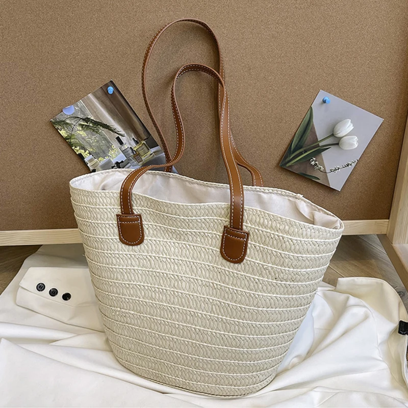 

Women Braided Basket Clutches Top-handle Bag Large Straw Portable Shoulder Bag Summer Beach Purses Shopper Satchel Female