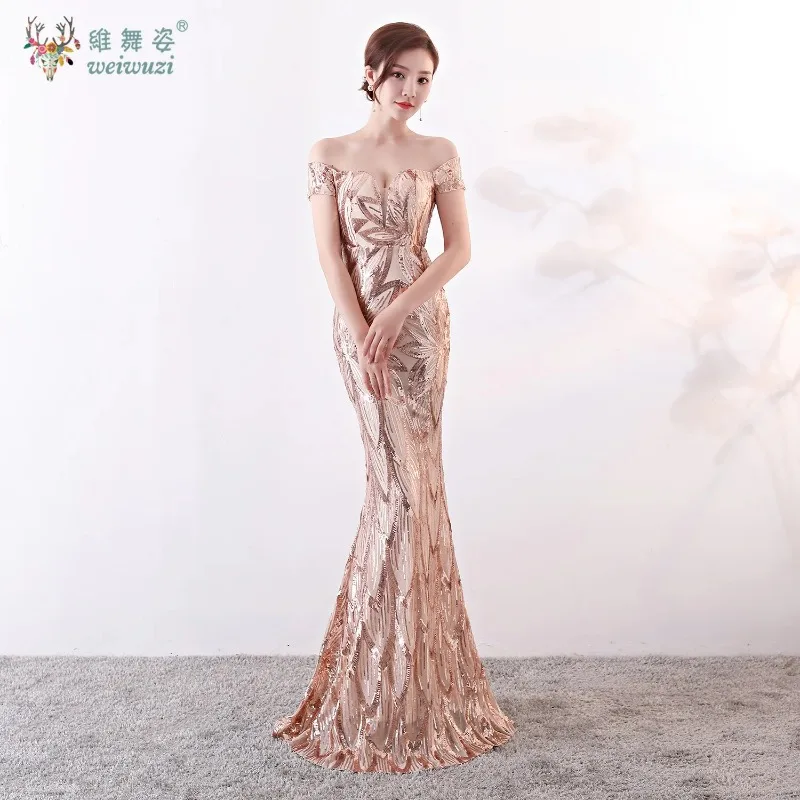 

Fashionable one shoulder sequin bead embroidery long fish tail evening gown slim fit and slimming banquet evening gown host gown