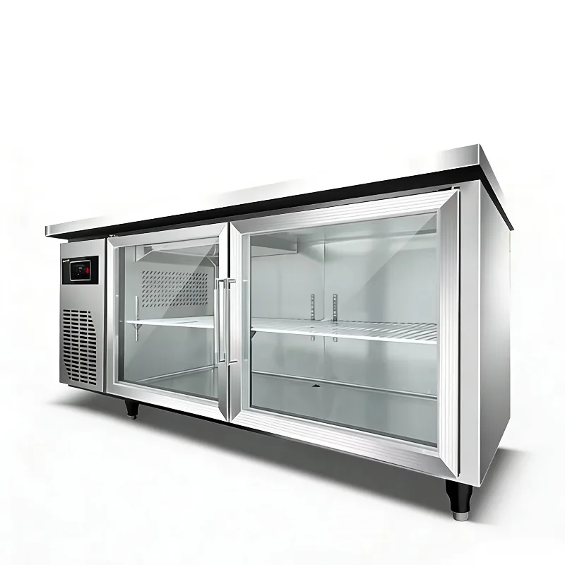 Glass Door Stainless Steel Kitchen Freezer Stainless Steel Glass Door Preparaion Fridge Commercial Kitchen Worktable Freezer