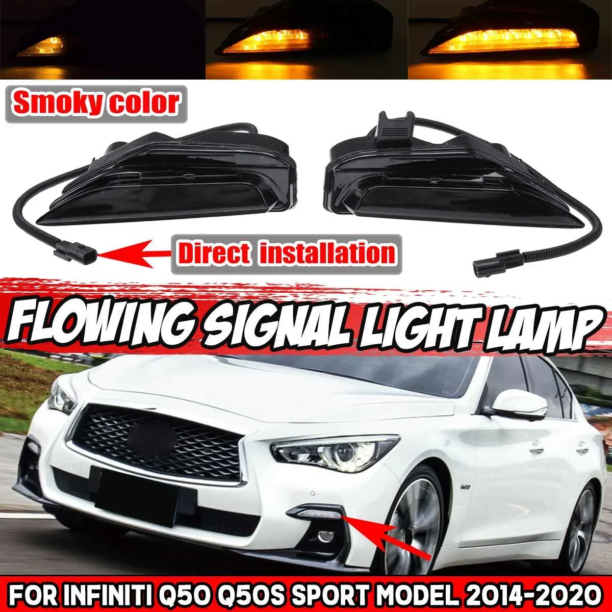 New 2pcs Car Front Bumper Dynamic LED Turn Signals Flowing Turn Signal Light Fog Lamp DRL For Infiniti Q50 Q50S Sport 2014-2020