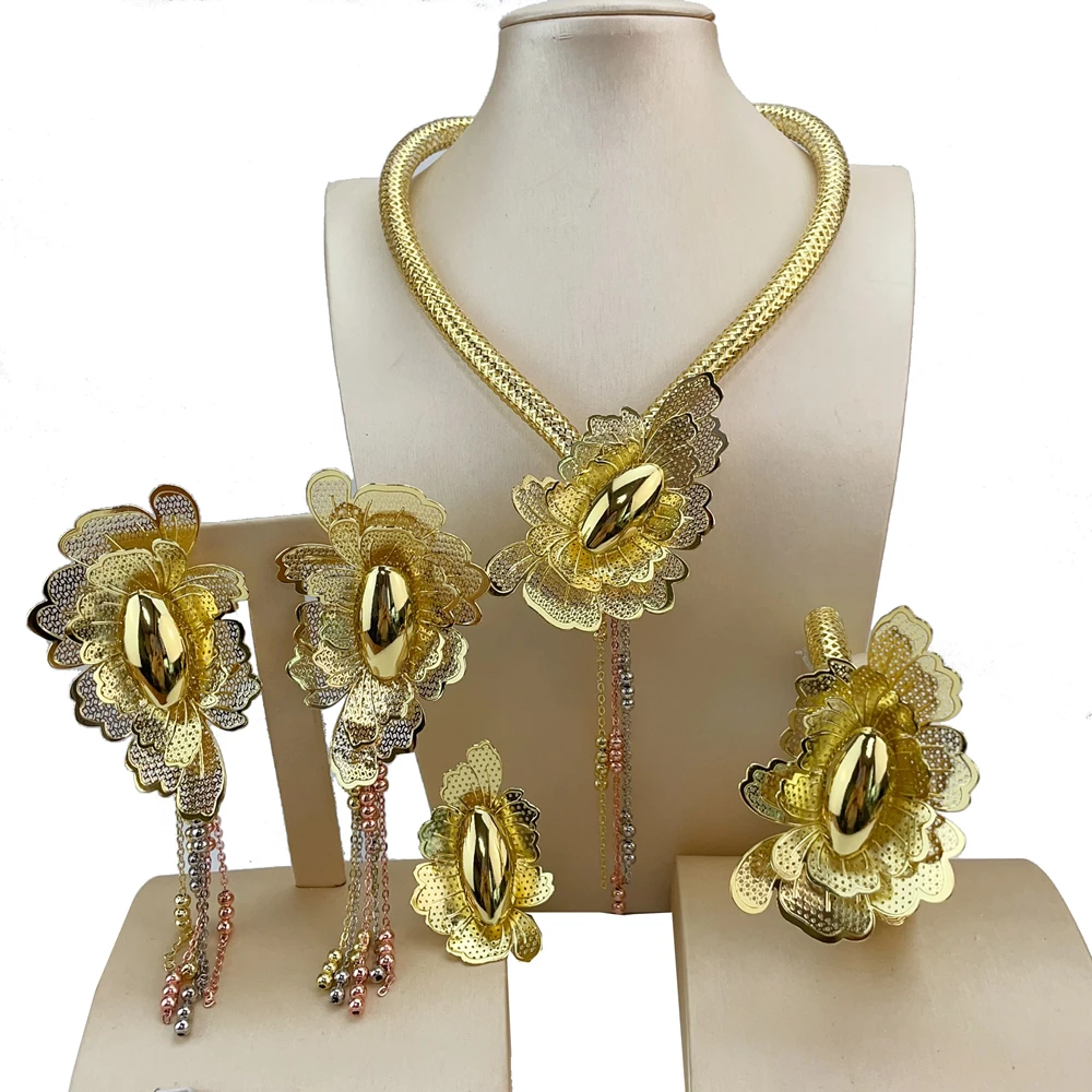 African Luxury Brazilian Goldplated Jewelry Set EMMA Women Wedding Handmade Big Flower Jewelry Accessories Birthday Party Gift