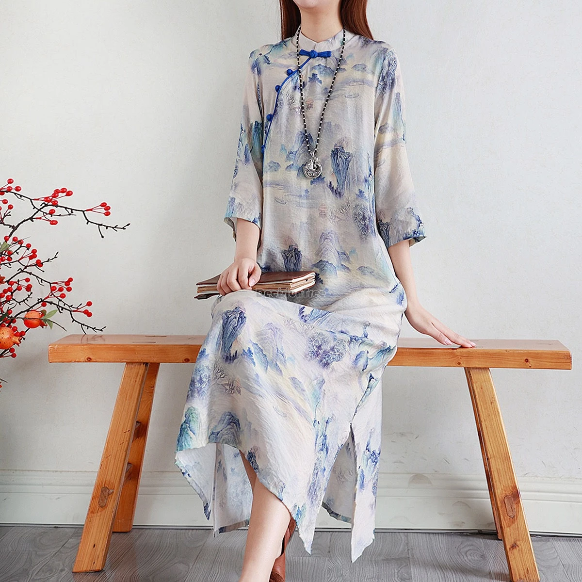 

2024 chinese ethnic characteristic printing dress summer loose cool cotton linen dress improved retro elegant daily qipao dress